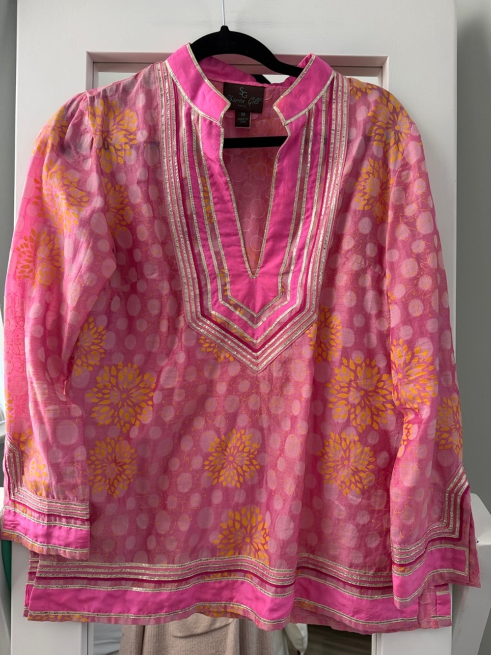 Bright Pink & Yellow Printed V-Neck Tunic by S.G. Collection